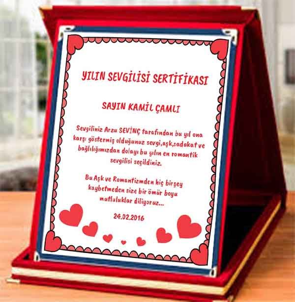 Yılın Sevgilisi Sertifikası Plaketi