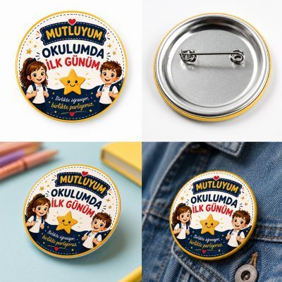 Okulun ilk günü rozeti farklı açılardan ürün detayları ve kullanım örnekleri ile 44 mm metal yaka rozeti.