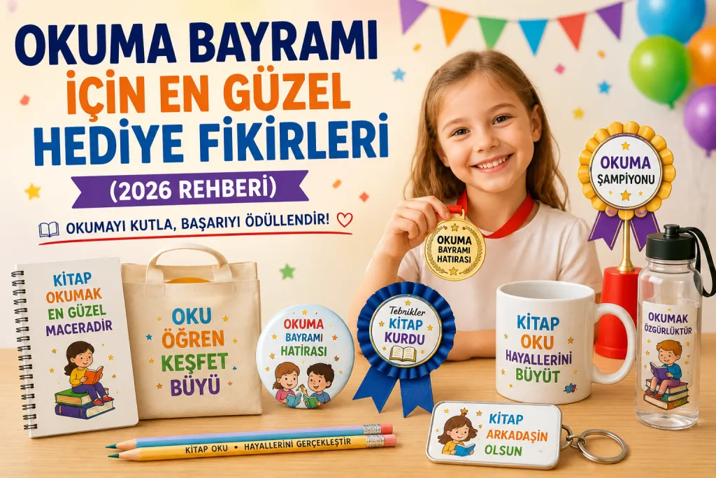 Okuma Bayramı etkinliği için hazırlanan kişiye özel hediye fikirleri; okuma bayramı madalyası, rozet, kupa bardak, anahtarlık, bez çanta ve öğrenci hediyelerini gösteren blog görseli.